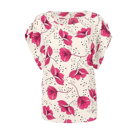 CAbi Tops - cabi Boxy Top Size Medium Cream w/ Bright Pink Floral and Black Polka Dots EUC